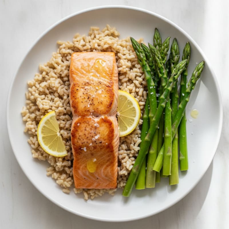 Seared Salmon Fillet with Steamed Asparagus and Brown Rice
