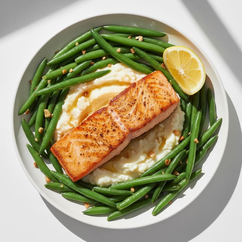 Seared Salmon Filet with Garlic Green Beans and Cauliflower Mash
