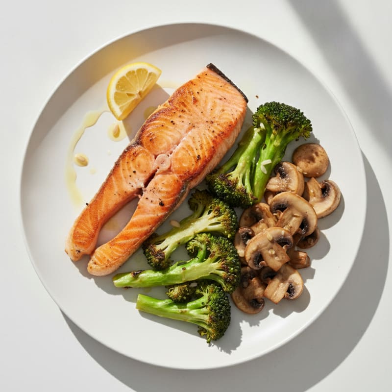 Seared Salmon with Roasted Broccoli and Garlic Mushrooms