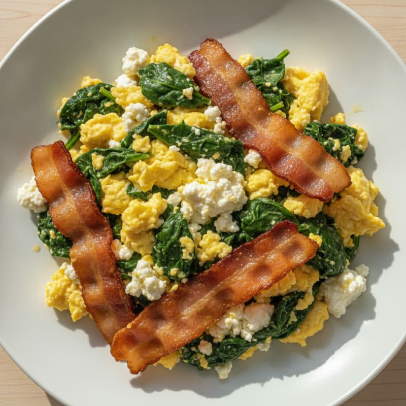 Cottage Cheese Egg Scramble with Spinach and Turkey Bacon