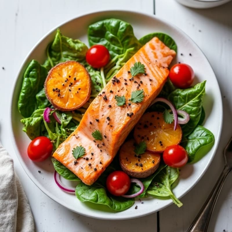 Warm Lemon Herb Salmon and Roasted Sweet Potato Salad with Creamy Tahini Dressing