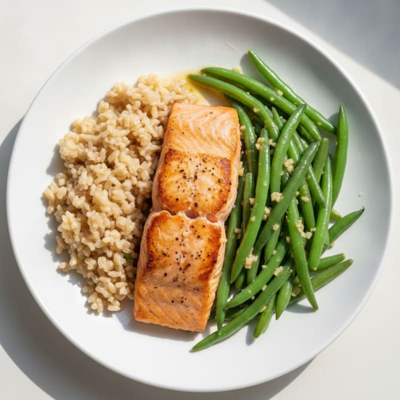 Seared Salmon with Garlic Green Beans and Brown Rice