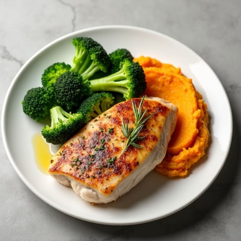 Herb-Seared Turkey Breast with Steamed Broccoli and Sweet Potato Mash