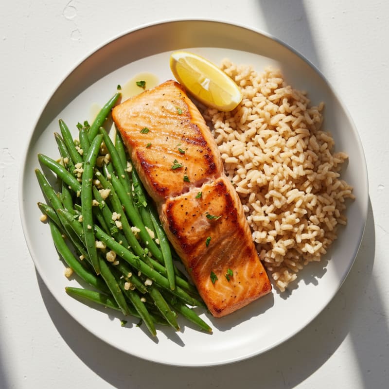 Seared Salmon Fillet with Garlic Green Beans and Brown Rice