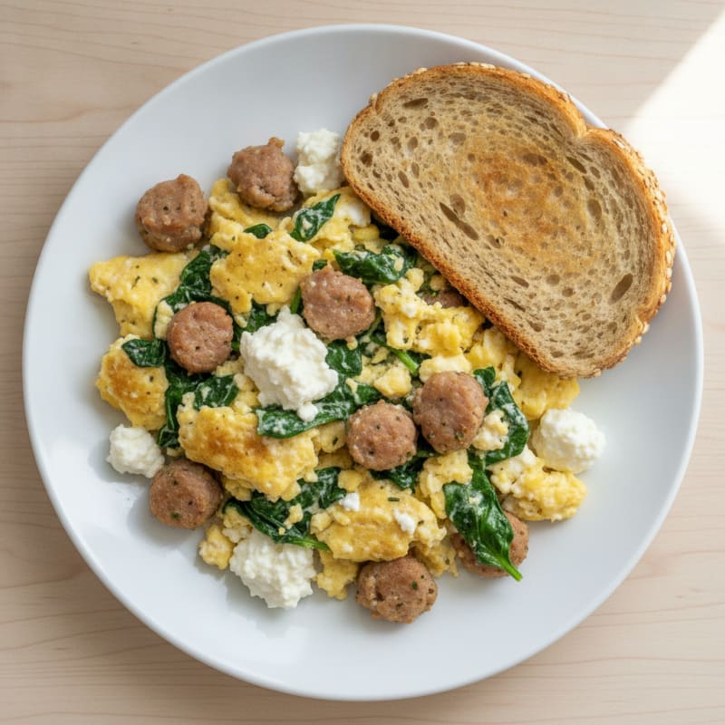Cottage Cheese Egg Scramble with Spinach and Turkey Sausage