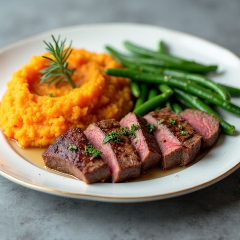 Seared Lean Beef with Garlic Green Beans and Sweet Potato Mash