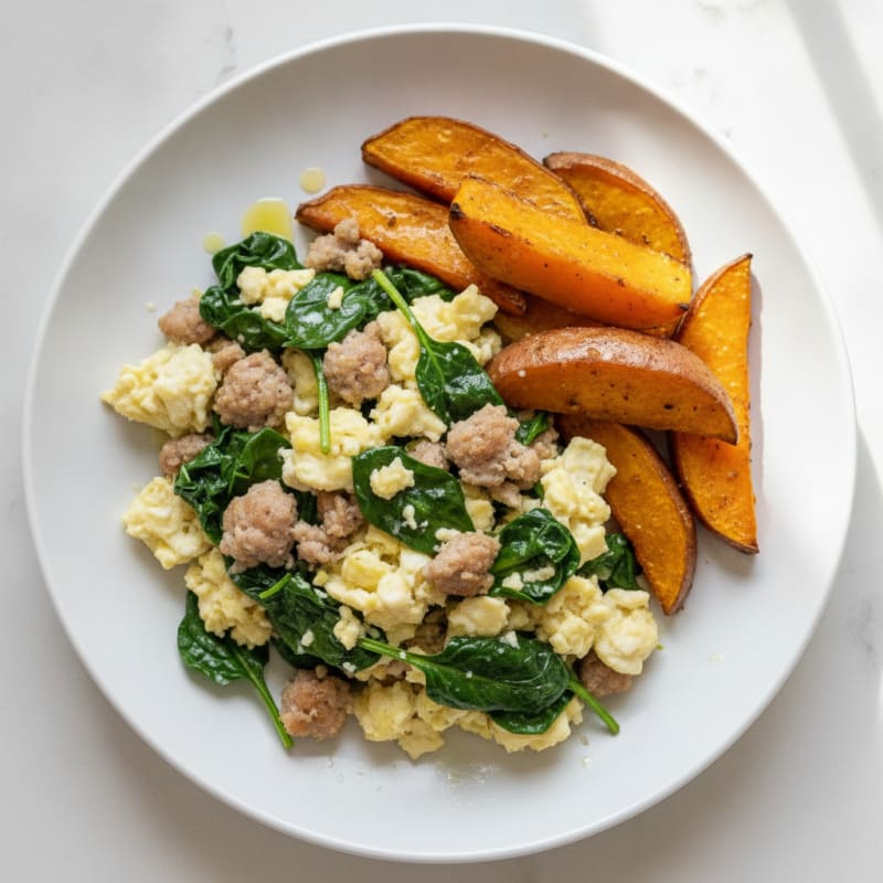 Egg White and Turkey Sausage Scramble with Spinach and Roasted Sweet Potato