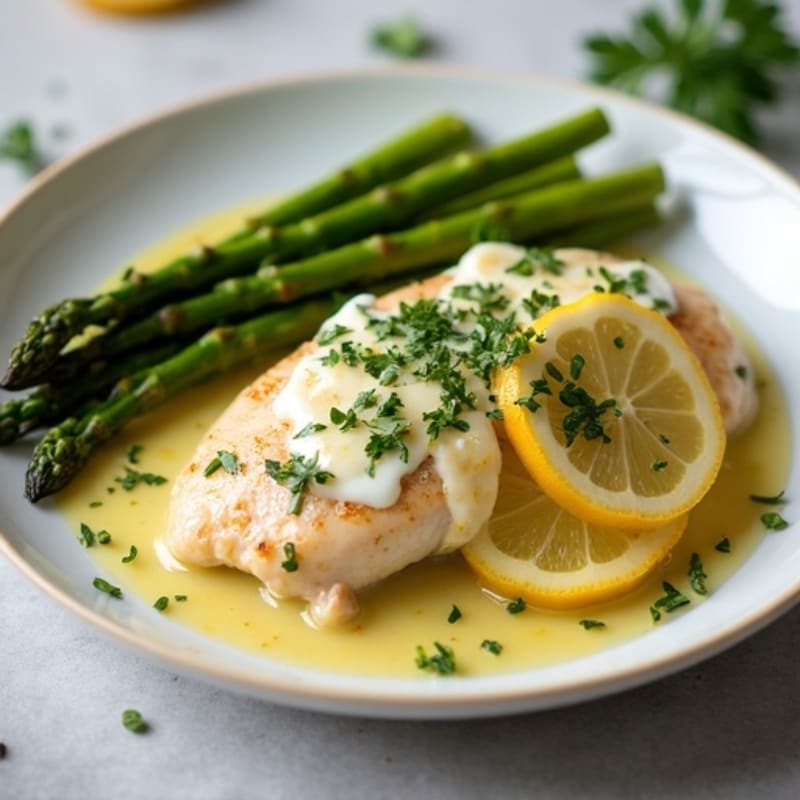 Creamy Lemon Herb Chicken with Crispy Roasted Asparagus