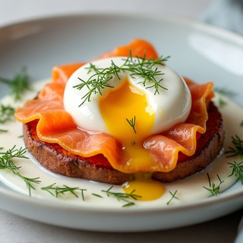 Smoked Salmon and Poached Eggs with Creamy Lemon-Dill Sauce on Crispy Sweet Potato Rounds
