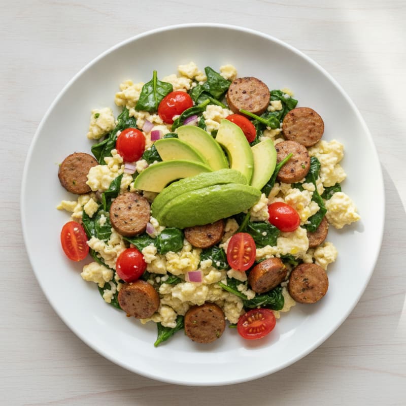 Egg White and Turkey Sausage Scramble with Spinach and Tomatoes