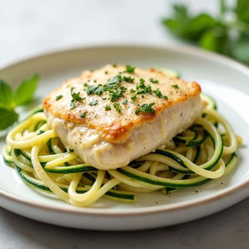 Creamy Cauliflower Alfredo Chicken with Zucchini Noodles