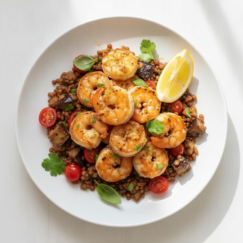 Seared Garlic Shrimp with Roasted Eggplant and Tomato Lentil Salad