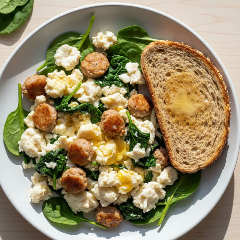 Crispy Chicken Sausage and Egg White Scramble with Spinach