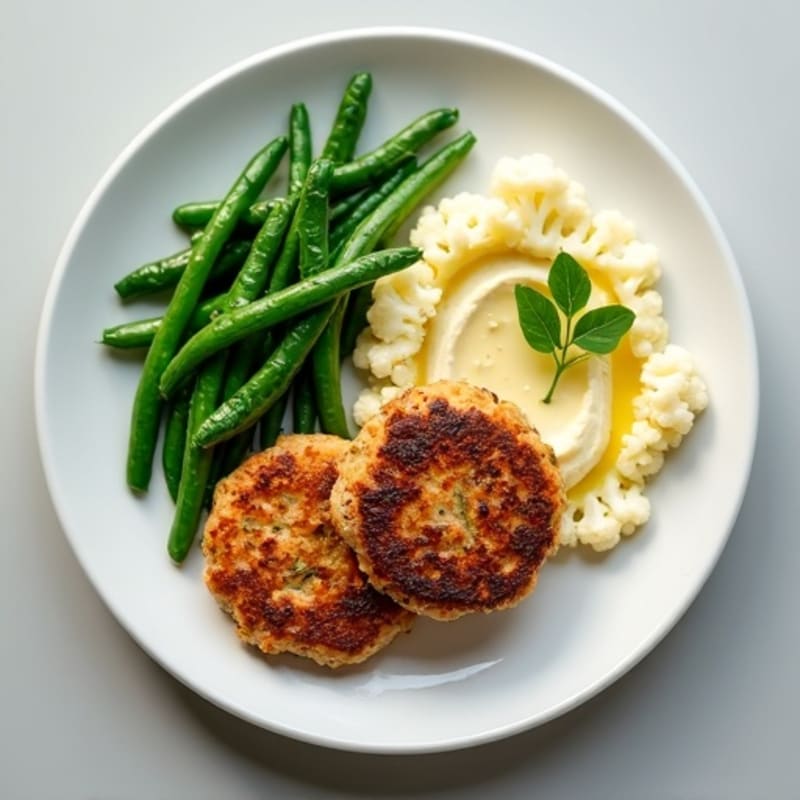 Seared Turkey Patties with Steamed Green Beans and Cauliflower Mash