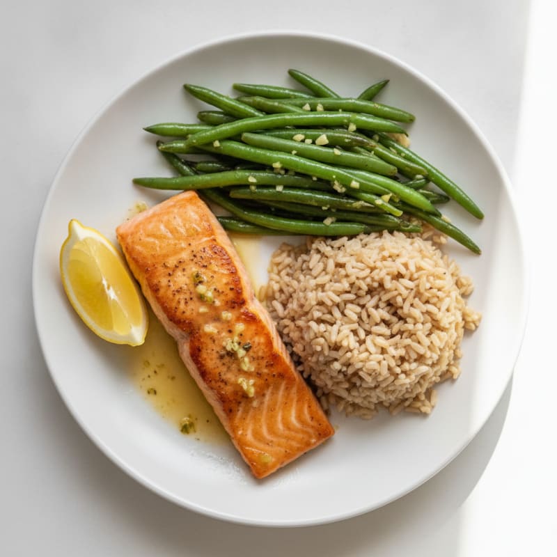 Seared Salmon with Garlic Green Beans and Brown Rice