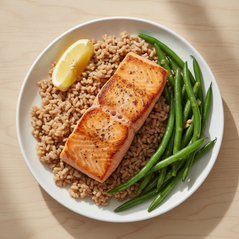 Seared Salmon with Steamed Green Beans and Brown Rice