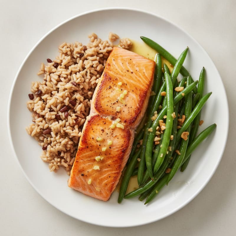 Seared Salmon with Garlic Green Beans and Brown Rice