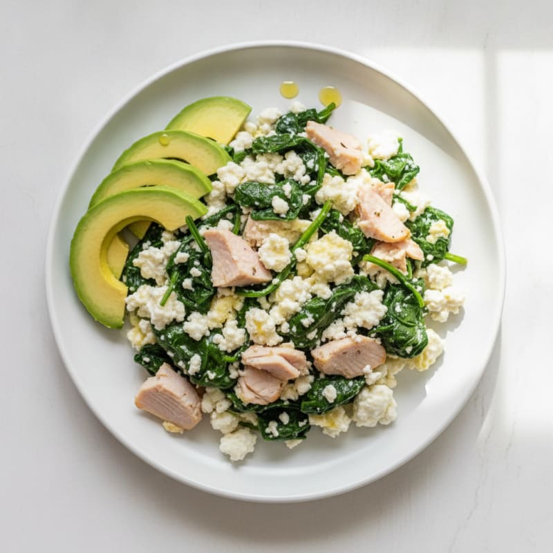 Egg White Spinach Scramble with Cottage Cheese and Sliced Turkey