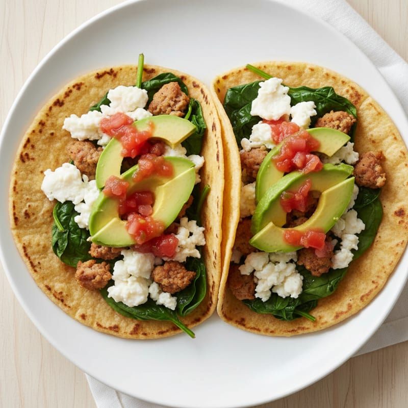 Egg White Scramble with Turkey Sausage and Sautéed Spinach Tacos