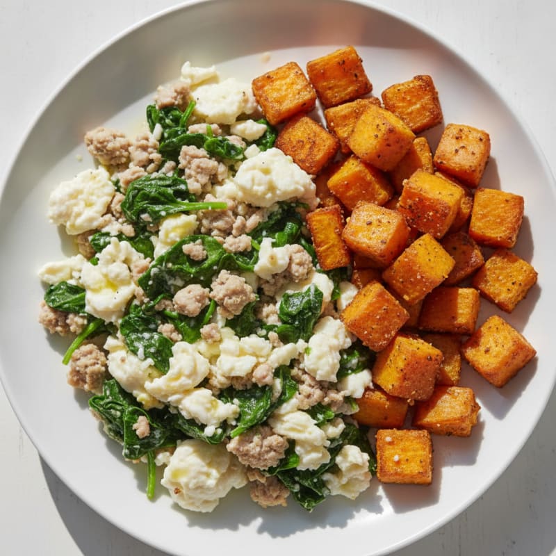 Egg White and Turkey Spinach Scramble with Roasted Sweet Potato