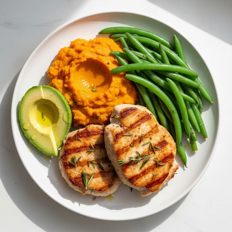 Herb-Seared Turkey Cutlets with Steamed Green Beans and Sweet Potato Mash