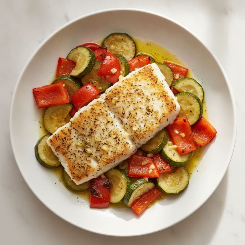 Herb-Seared White Fish with Roasted Zucchini and Red Peppers