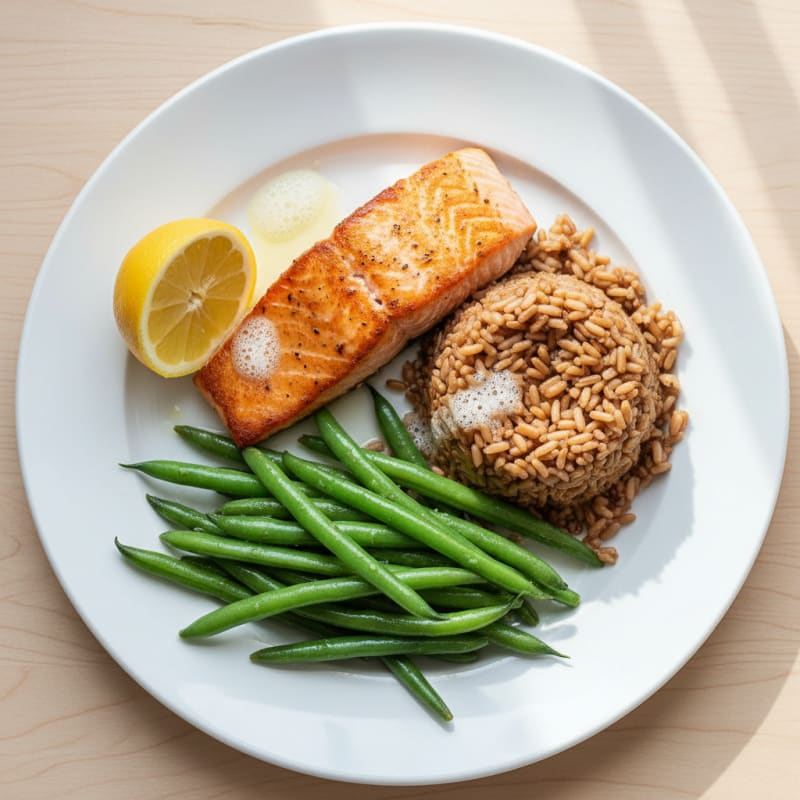 Seared Salmon with Steamed Green Beans and Brown Rice