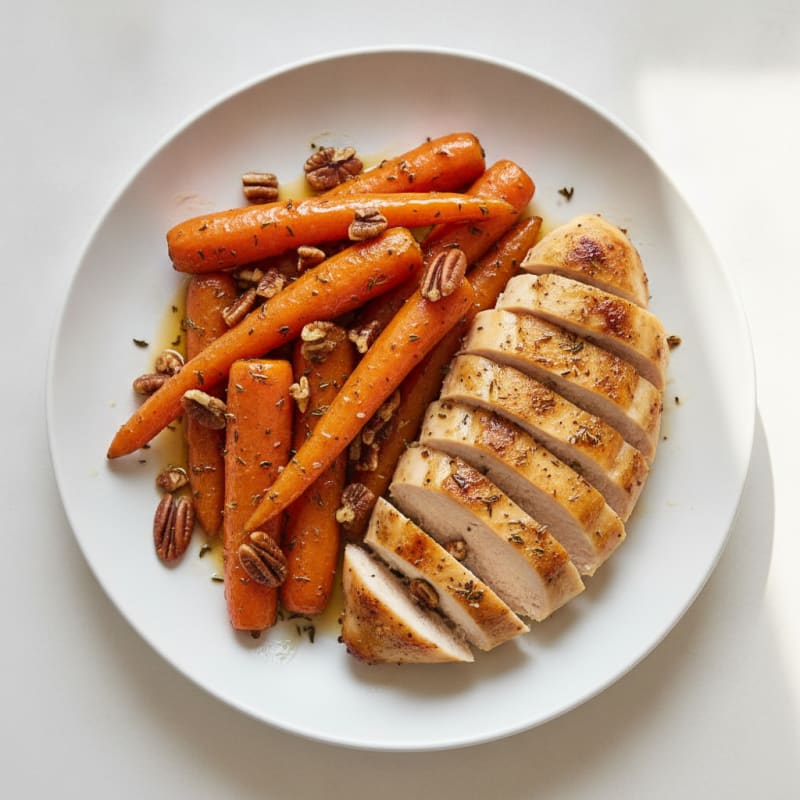 Maple-Glazed Roasted Carrots with Pecans and Herbed Chicken