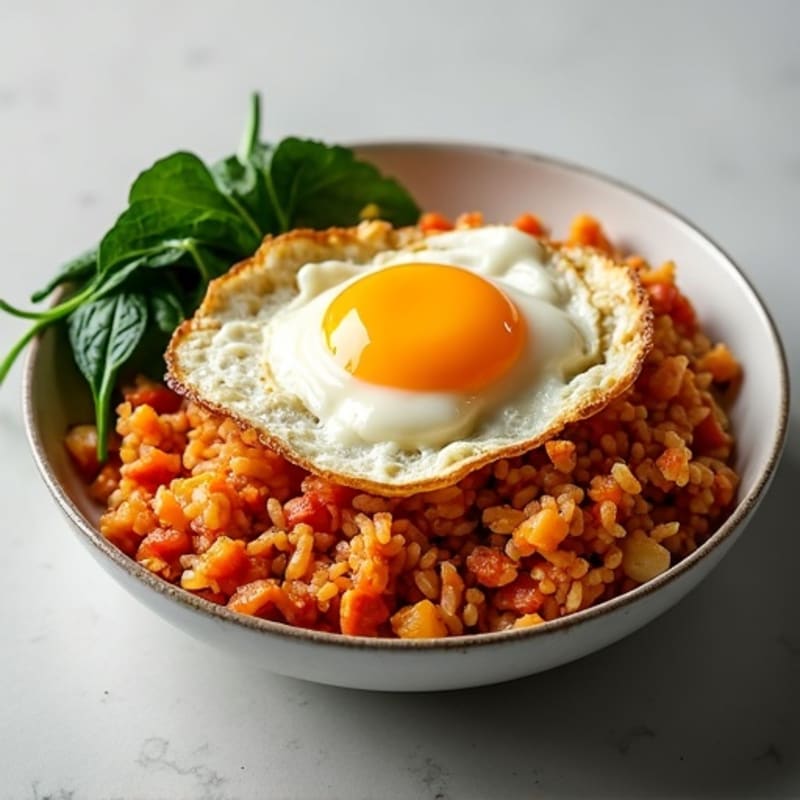 Savory Kimchi Stir-Fried Rice with Crispy Egg and Greens