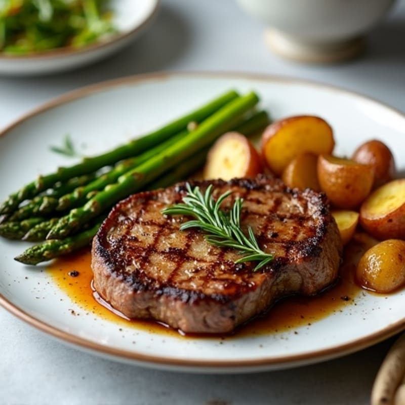 Pan-Seared Steak with Crispy Roasted Potatoes and Tender Asparagus