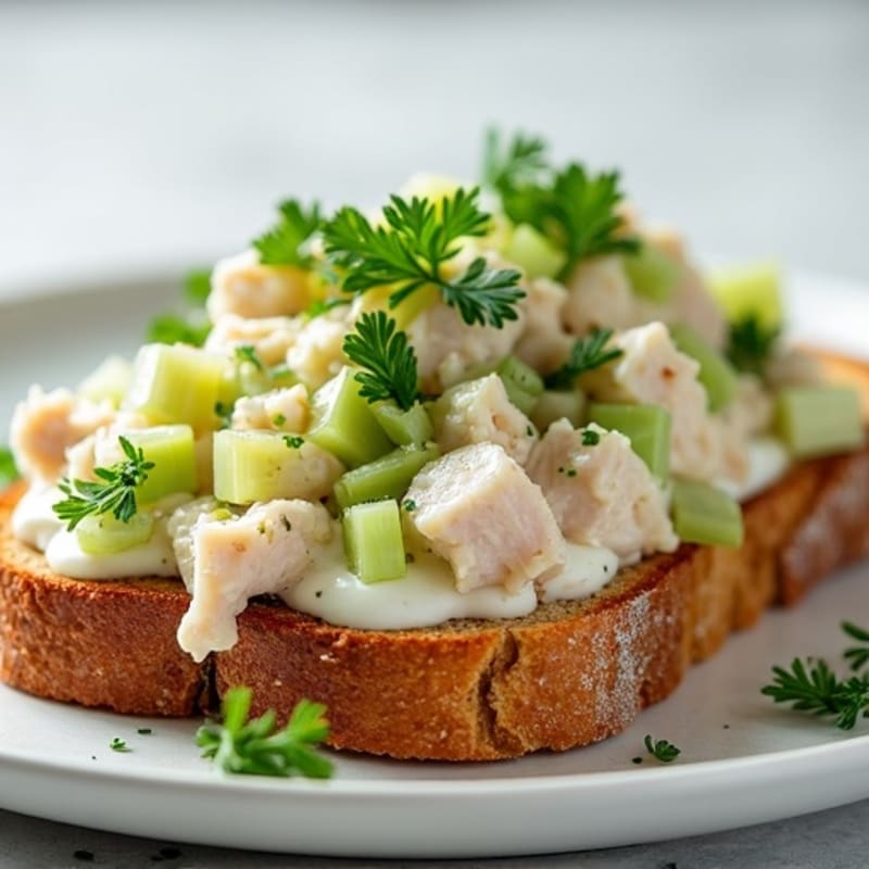 Flaked Tuna Salad with Crunchy Celery and Fresh Herbs on Toasted Whole Grain
