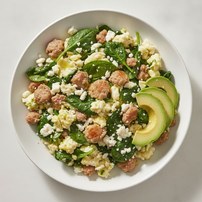 Egg White and Turkey Sausage Scramble with Spinach and Feta
