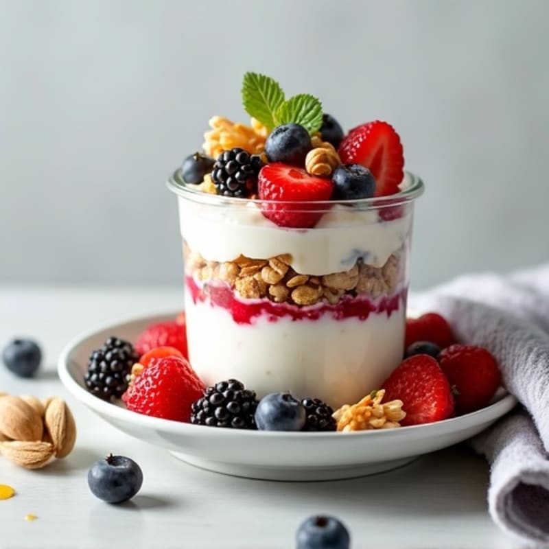 Greek Yogurt Parfait with Crunchy Almond Granola and Mixed Berries
