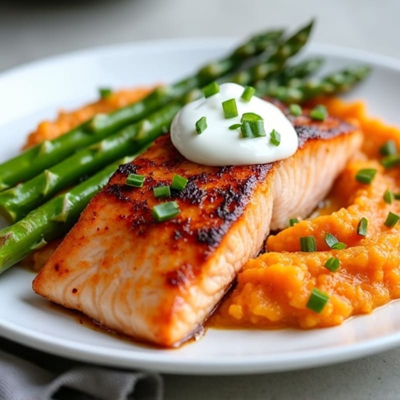 Seared Salmon with Roasted Asparagus and Sweet Potato Mash