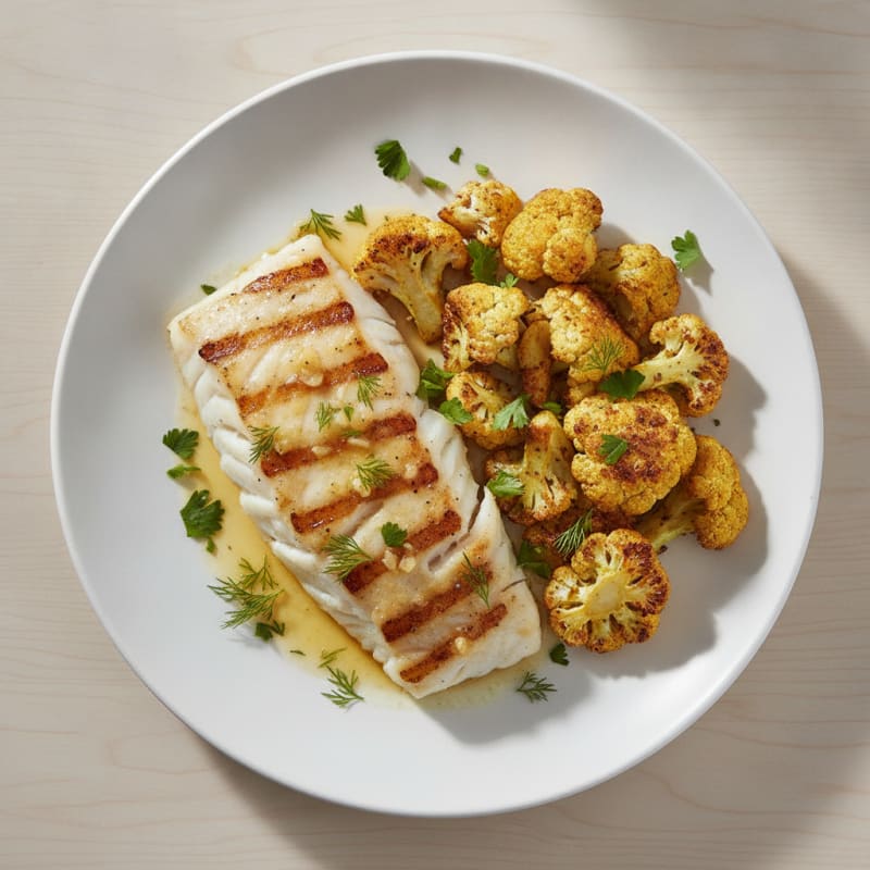 Grilled Lemon-Garlic Fish with Roasted Cauliflower