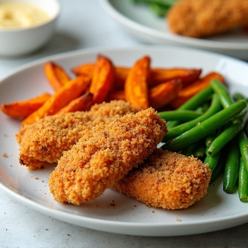 Crispy Baked Chicken Tenders with Roasted Sweet Potato Fries and Garlicky Green Beans