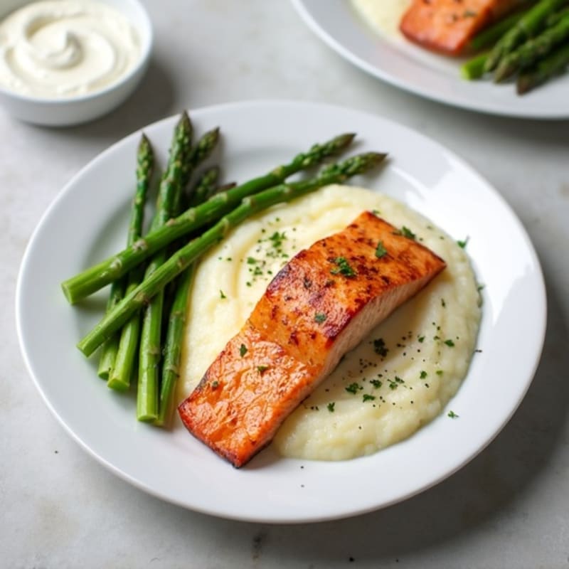 Seared Salmon Fillet with Steamed Asparagus and Cauliflower Mash