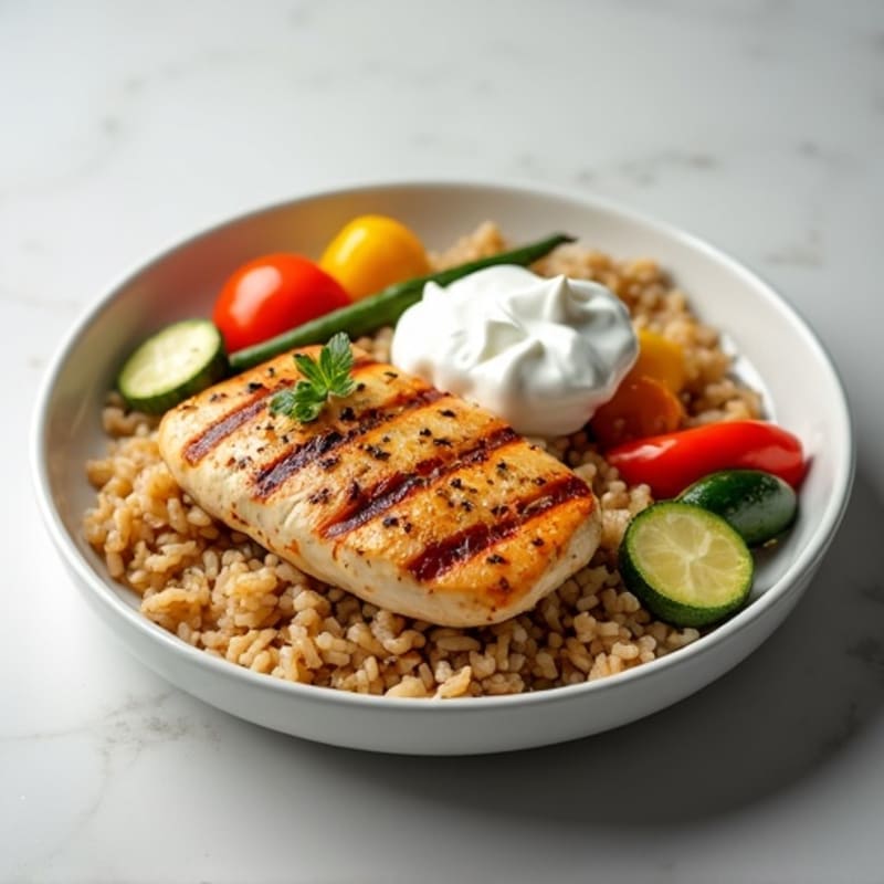 Grilled Chicken Breast with Roasted Veggies and Brown Rice