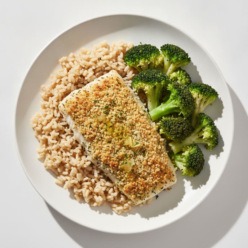 Baked Herb-Crusted Cod with Steamed Broccoli and Brown Rice