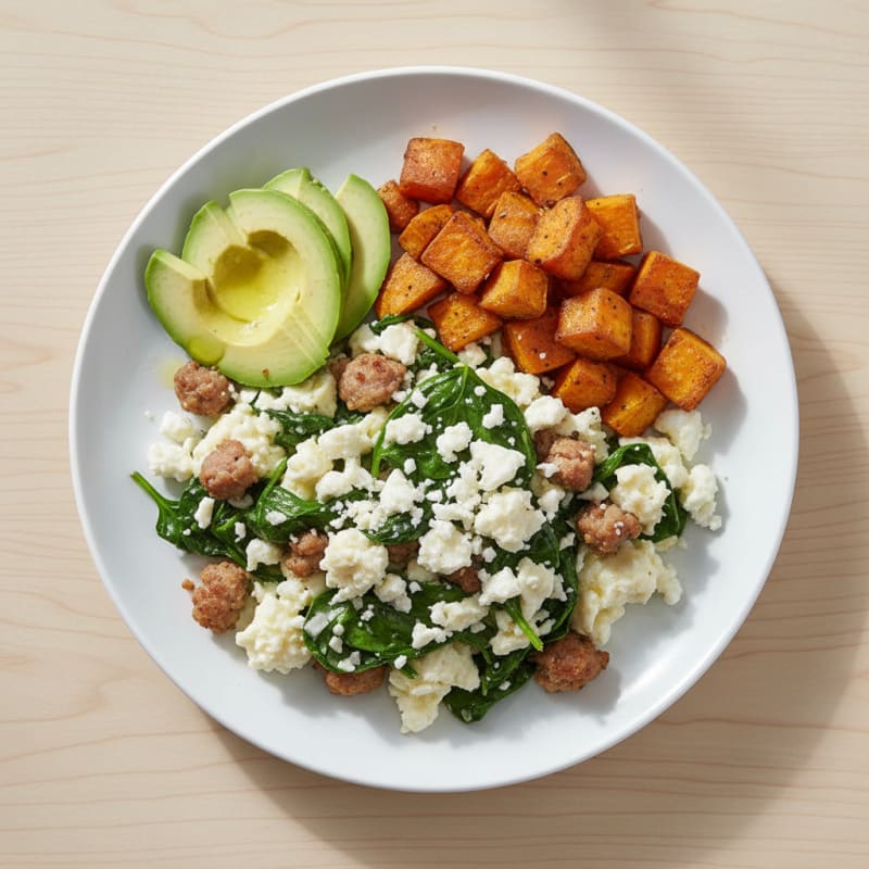 Egg White and Turkey Sausage Scramble with Spinach and Feta