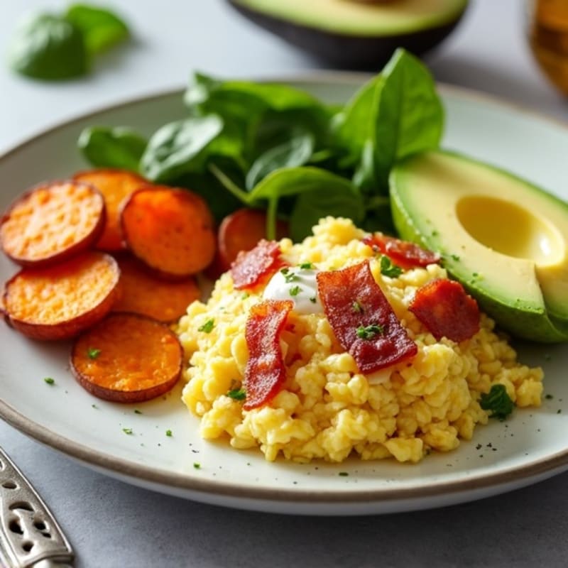 Crispy Turkey Bacon Egg White Scramble with Roasted Sweet Potatoes