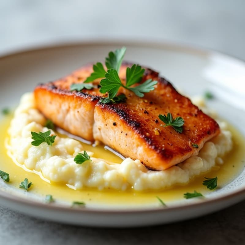 Garlic Butter Pan-Seared Salmon with Creamy Cauliflower Mash