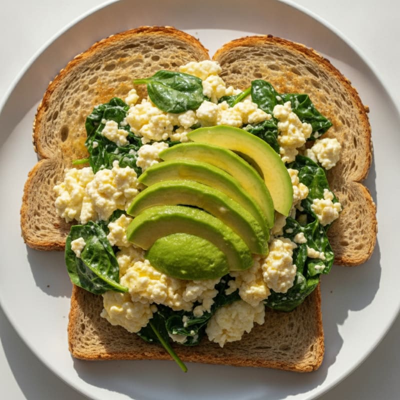 Scrambled Eggs with Spinach and Cottage Cheese on Whole Grain Toast