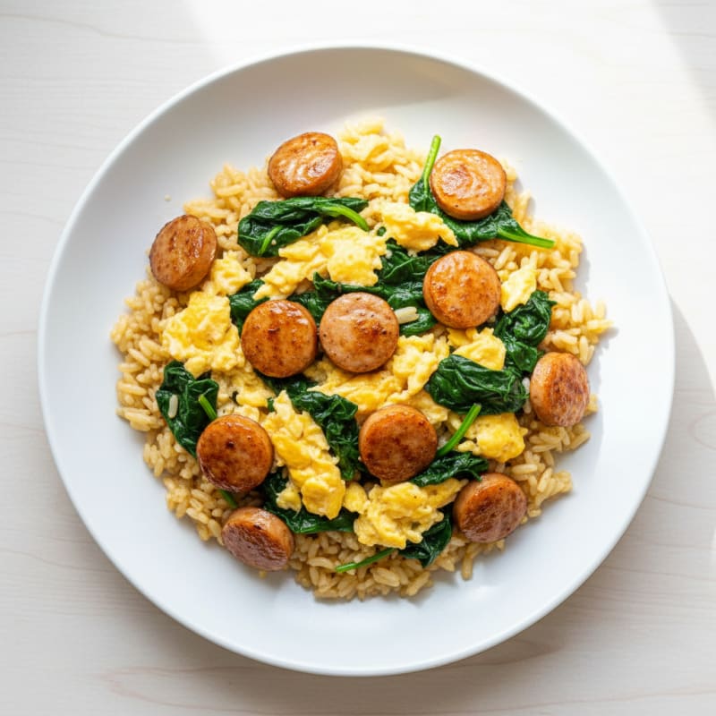 Scrambled Eggs with Chicken Sausage and Sautéed Spinach