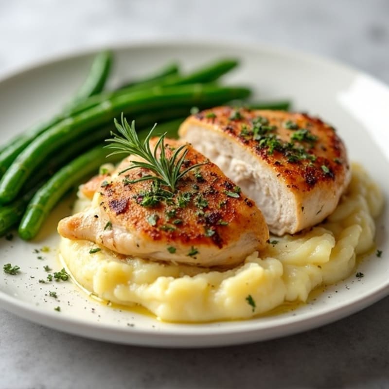 Herb-Roasted Chicken with Creamy Buttery Garlic Mashed Potatoes and Crispy Green Beans