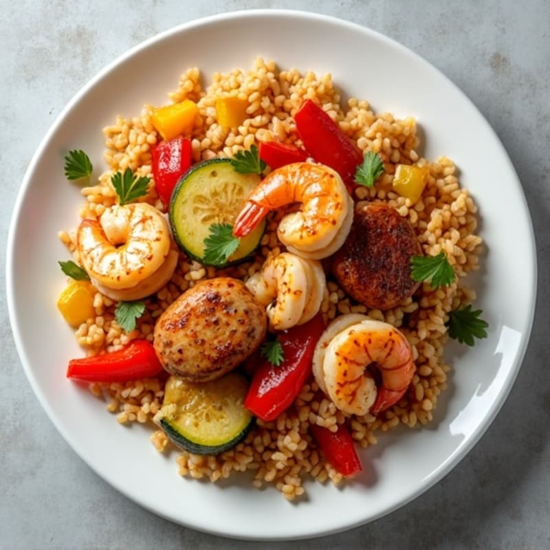 Spicy Chicken, Shrimp, and Sausage with Rice and Fresh Vegetables