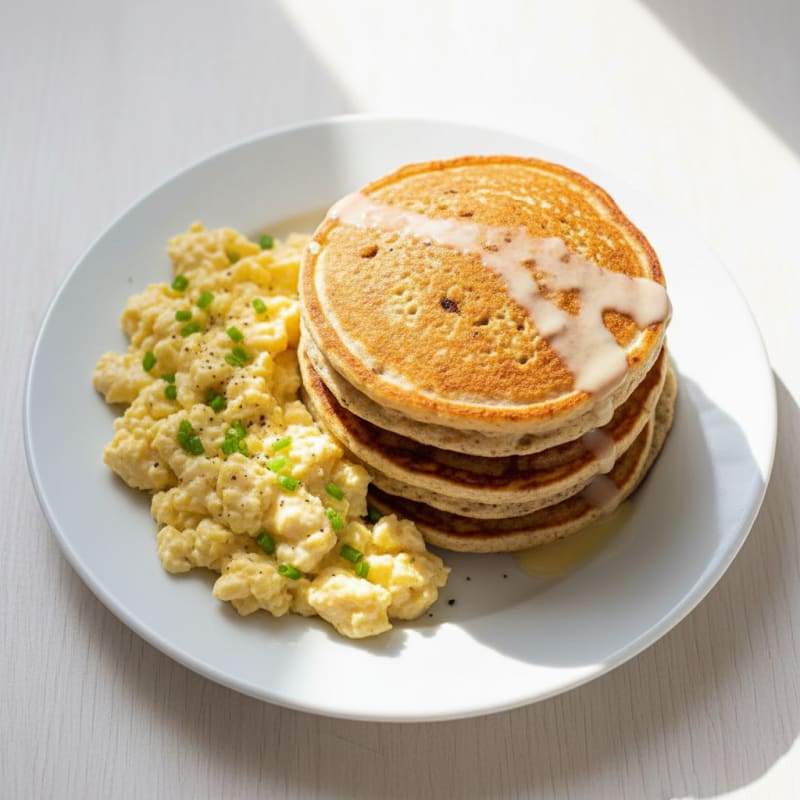 Fluffy Vanilla Protein Pancakes with Scrambled Eggs