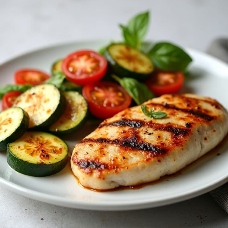 Grilled Chicken Breast with Roasted Zucchini and Tomato