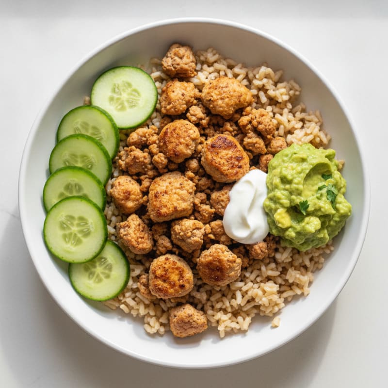 Ground Turkey and Brown Rice Bowl with Cucumber Slices and Guacamole