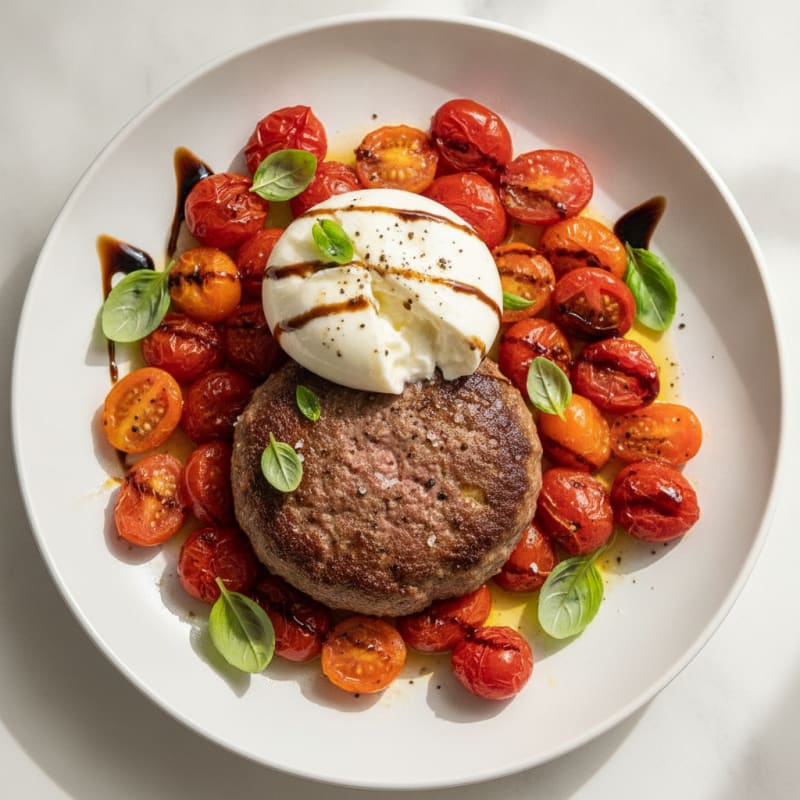 Pan-Seared Steak Haché with Burst Tomatoes and Burrata